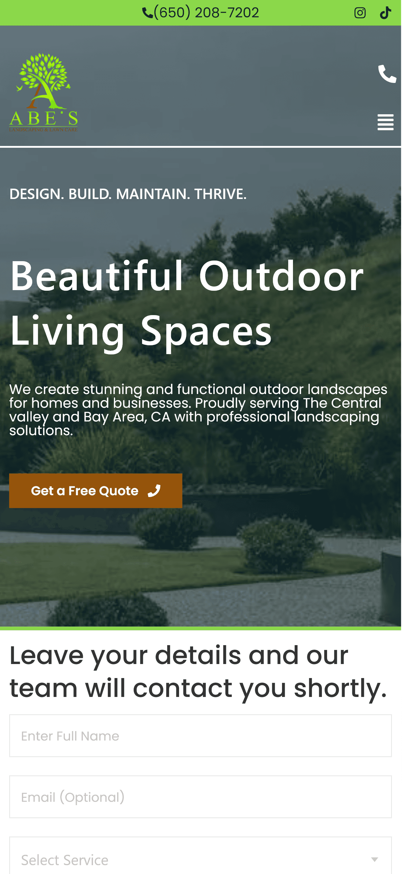 Abe's Landscaping homepage on mobile