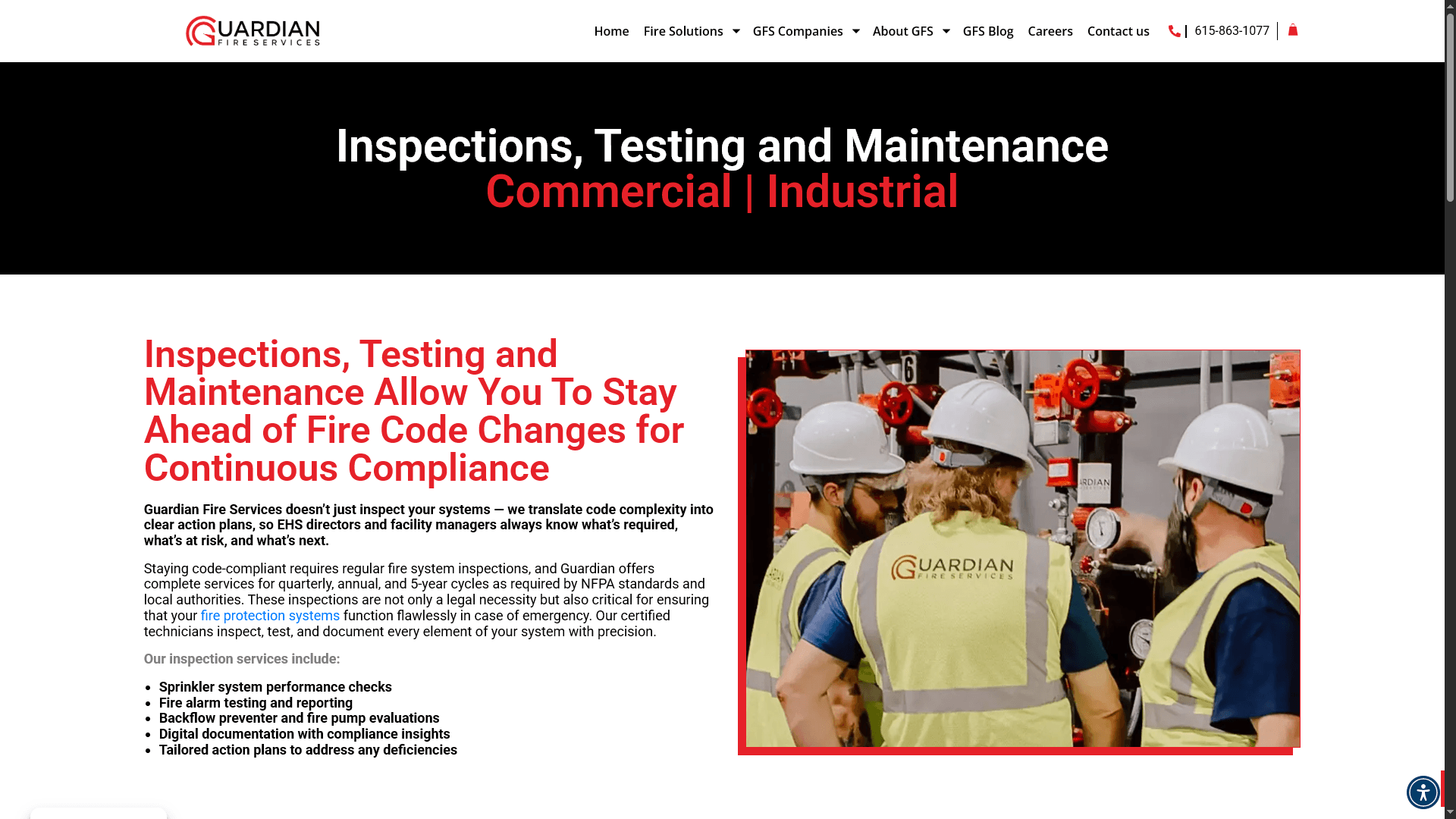 Guardian Fire Holdings service page on desktop