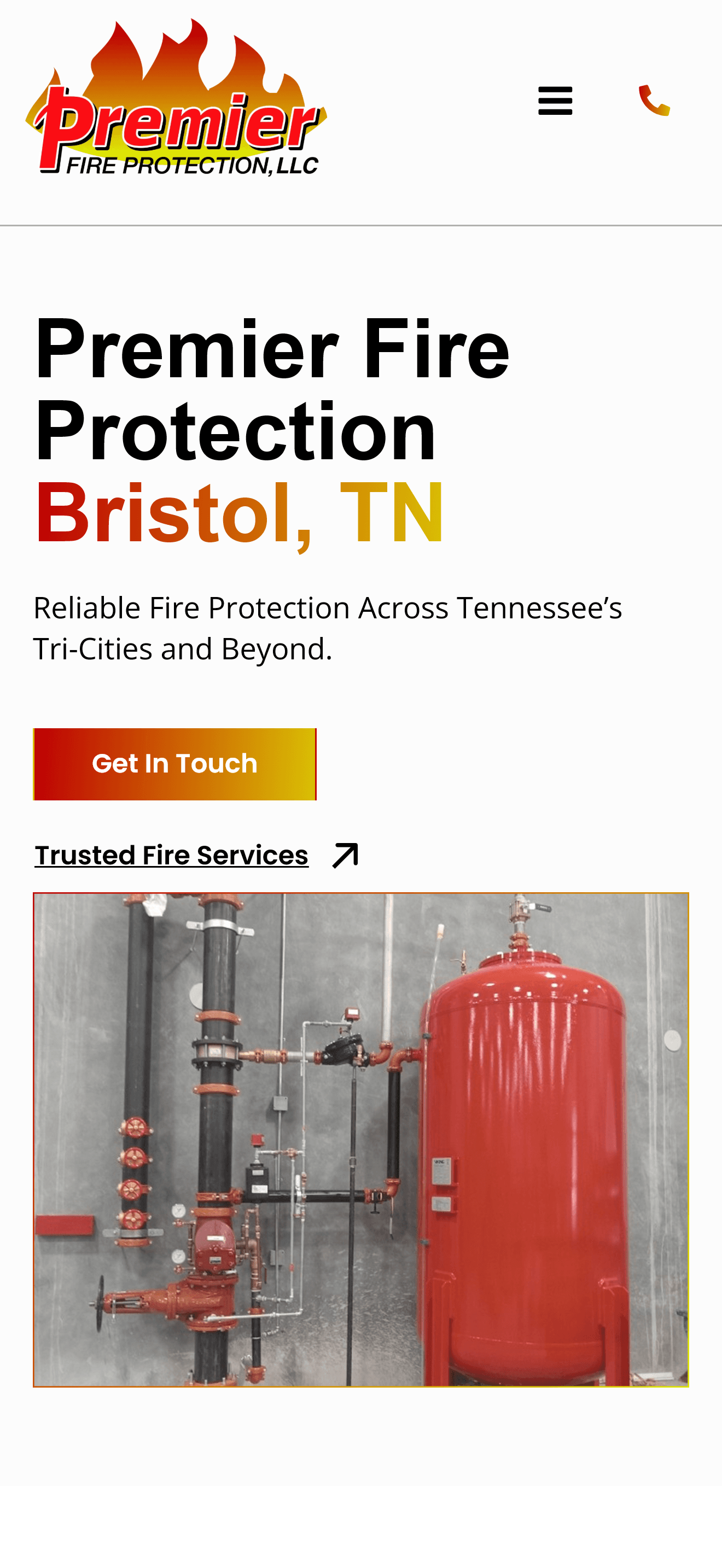 Premier Fire Protection homepage on mobile